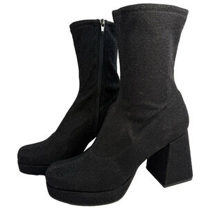 Abound Womens 8 Black Sparkle Fabric Zip Ankle Platform Block Heel Boot‎ NWOT